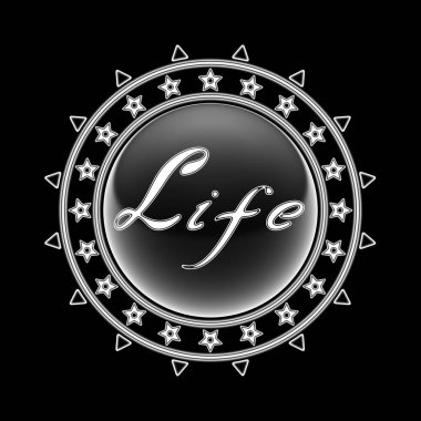 Yuvarlak dekoratif çerçevedeki Word Life siyah arka planda izole edildi. Görüntü.