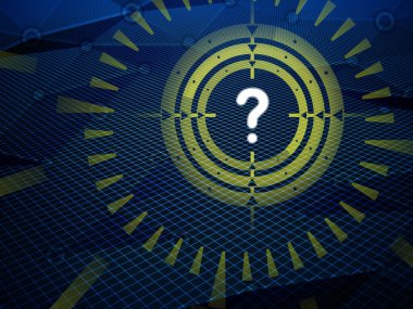 Görüş, yüksek teknolojili karanlık arka plan üzerine yapılan siber uzay araştırması sırasında tespit edilen soru işaretini hedeflemektedir. Görüntü.