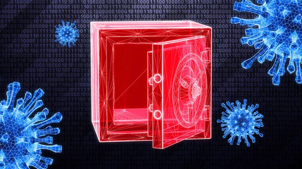 3Dメッシュとしてのハッキングされた安全は スキャン中にバイナリサイバー空間の暗いハイテク背景で検出されます 3Dイラスト — ストック写真