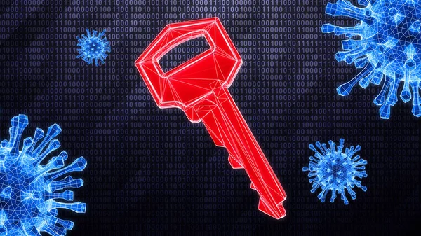 ウイルスに感染したサイバー空間におけるハイテクバイナリ背景に分離された赤の三次元キーアイコン 3Dイラスト — ストック写真