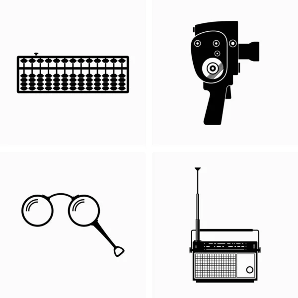 一套古老的时尚物件 电影摄影机 品钦尼斯和收音机 — 图库矢量图片