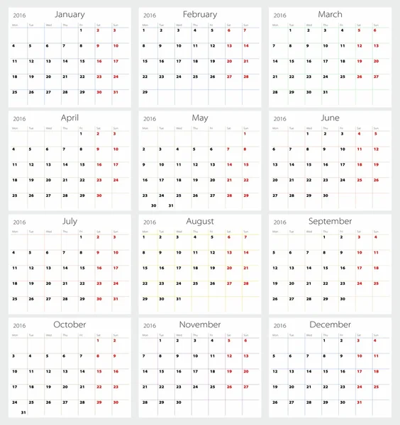 Calendario 2016 — Vettoriale Stock