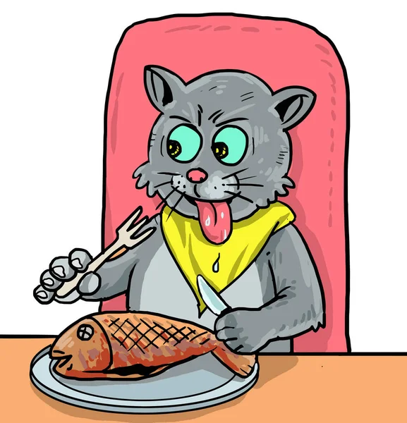 Grappig Cartoon Kat Eten Gebakken Vis — Stockvector