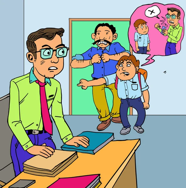 Učitel Žák Konflikt Školák Jeho Otec Žádají Učitele Aby Vrátili — Stockový vektor