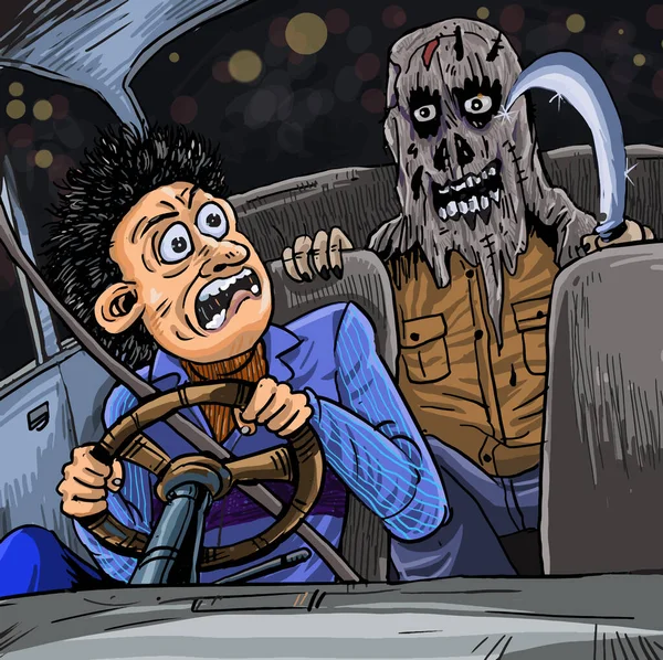 Illustratie Van Een Seriemoordenaar Een Auto Bange Chauffeur Geschokt Toen — Stockvector