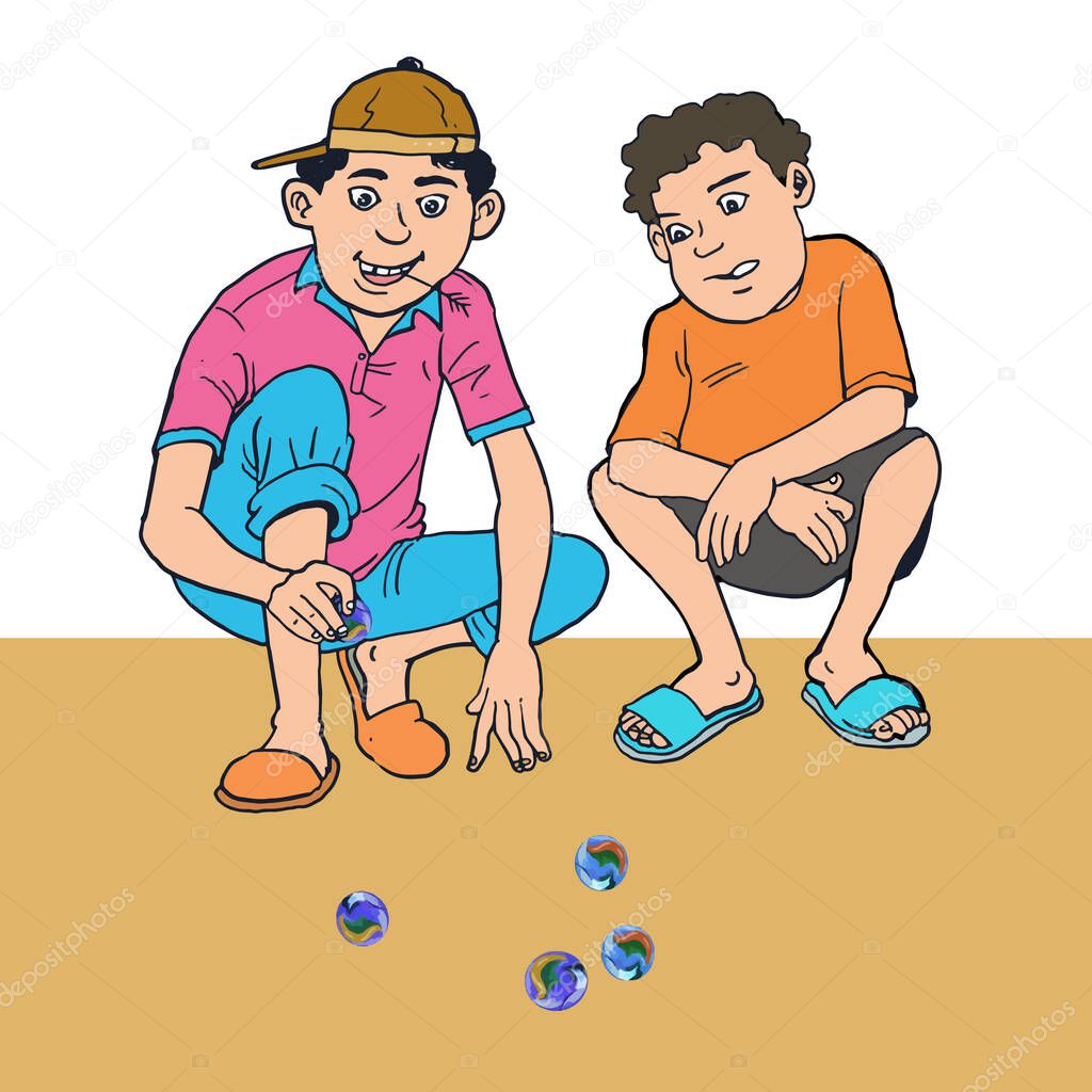 Cartoon of the two boys playing marbles.