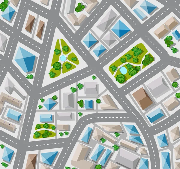 Plano de vista superior para a cidade grande com ruas, telhados, carros — Vetor de Stock