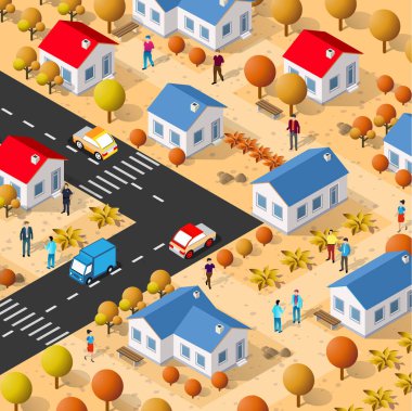 Şehir merkezinin, evleri, sokakları, insanları, arabaları olan üç boyutlu bir çizimi. Tasarım ve oyun endüstrisi için stok illüstrasyonu.