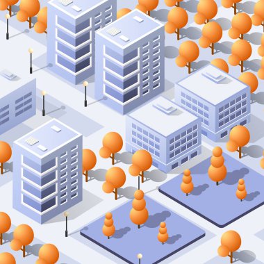 Şehirdeki evlerin ve sokakların Isometric 3D çizimi. Tasarım ve oyun endüstrisi için stok illüstrasyonu.