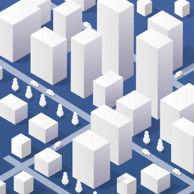 Şehir merkezinin, evleri, caddeleri, arabaları olan üç boyutlu bir çizimi. Tasarım ve oyun endüstrisi için stok illüstrasyonu.