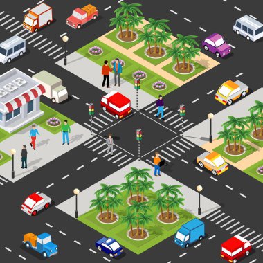 Şehir merkezinin, evleri, sokakları, insanları, arabaları olan üç boyutlu bir çizimi. Tasarım ve oyun endüstrisi için stok illüstrasyonu.