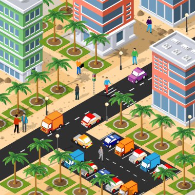 Şehir merkezinin, evleri, sokakları, insanları, arabaları olan üç boyutlu bir çizimi. Tasarım ve oyun endüstrisi için stok illüstrasyonu.