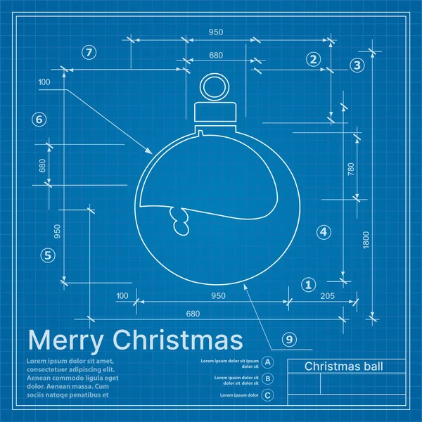 圣诞冬季工程装饰球在新年蓝色草图明信片抽象图纸模型上的应用 — 图库矢量图片