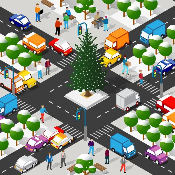 Isometrica Inverno Natale Illustrazione Del Quartiere Della Città Con Strade — Vettoriale Stock