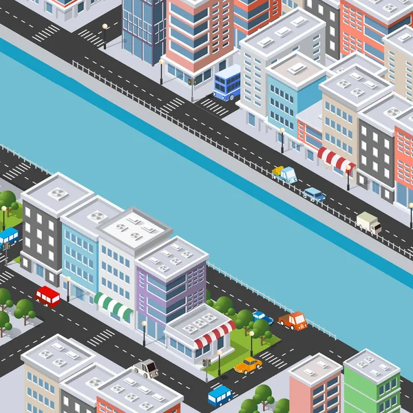 Ισομετρική Ανάχωμα Ποταμού Απεικόνιση Της Συνοικίας Της Πόλης Σπίτια Δρόμους — Διανυσματικό Αρχείο
