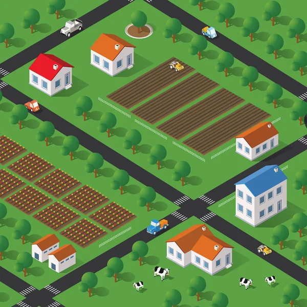 Isometrischer Bauernhof Mit Häusern Straßen Und Gebäuden Die Dreidimensionale Draufsicht — Stockvektor