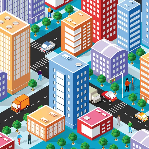 Isometrische Darstellung Des Stadtviertels Mit Häusern Straßen Menschen Autos Lagerillustration — Stockvektor