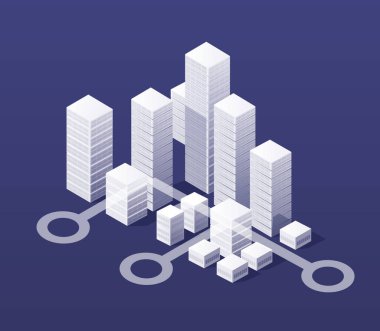 Kentsel yapı vektör mimarisinden gökdelen ile izometrik şehir. Tasarım ve iş şekli arkaplanı için modern beyaz illüstrasyon