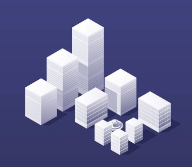 Kentsel yapı vektör mimarisinden gökdelen ile izometrik şehir. Tasarım ve iş şekli arkaplanı için modern beyaz illüstrasyon