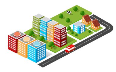 3D mimari, manzara ağaçları, sokaklar. Ulaşım yolları, kavşakları olan üç boyutlu gökdelenler, evler, binalar ve kentsel alanlar