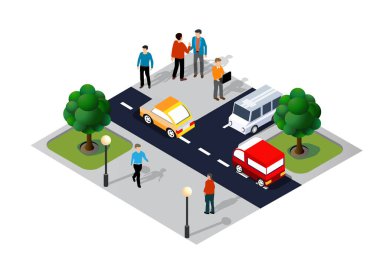 Şehrin sokaklarının, insanlarının, arabalarının olduğu üç boyutlu Isometric illüstrasyonu. Tasarım ve oyun endüstrisi için stok illüstrasyonu.