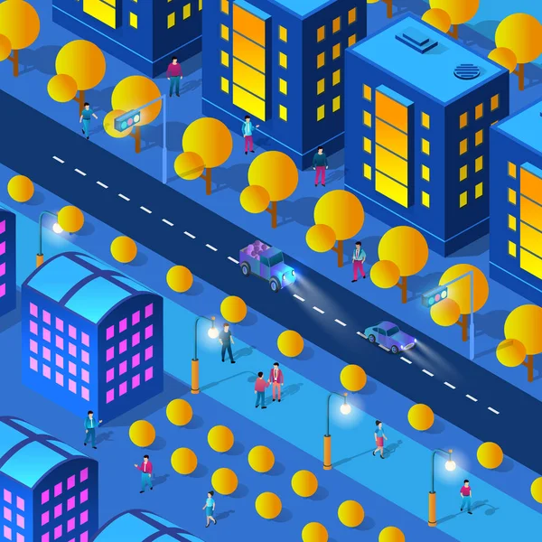 街のダウンタウン中心部の夜のネオン紫外線通りや交通機関と等辺の建物の家の人々を歩く ベクトルデザイングラフィックスの概念的な画像の町のイラスト — ストックベクタ