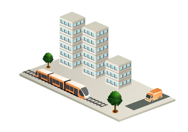 スマートビルディング電車路面電車地下鉄アーキテクチャは 技術ビジネス機器フラットスタイルの都市のアイソメトリックイラストのアイデアです — ストックベクタ