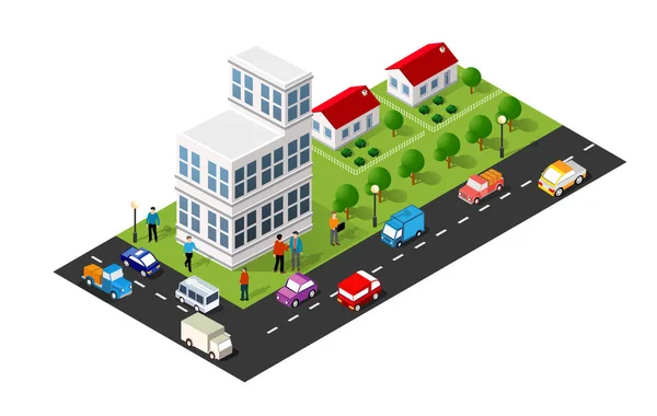 Isometric Illustration City Quarter Houses Streets People Cars Stock Illustration — Stock Vector