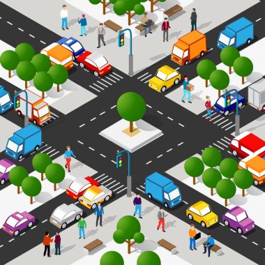 Şehrin şehir merkezindeki Isometric 3d caddesinde açık yol binaları var. Şehir stoku bilgisel illüstrasyon