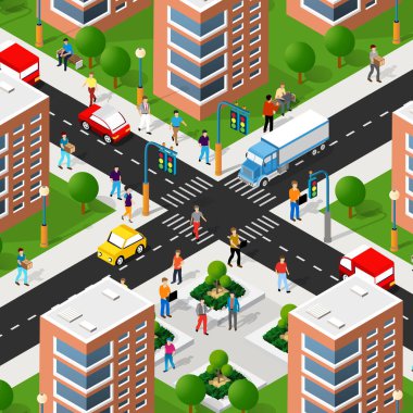 Şehrin şehir merkezindeki Isometric 3d caddesinde açık yol binaları var. Şehir stoku bilgisel illüstrasyon
