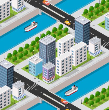 Şehir merkezinin 3 boyutlu duvar seti. Evler, sokaklar, insanlar, arabalar. Tasarım ve oyun endüstrisi için stok illüstrasyonu.