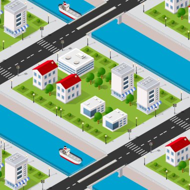 Şehir merkezinin 3 boyutlu duvar seti. Evler, sokaklar, insanlar, arabalar. Tasarım ve oyun endüstrisi için stok illüstrasyonu.