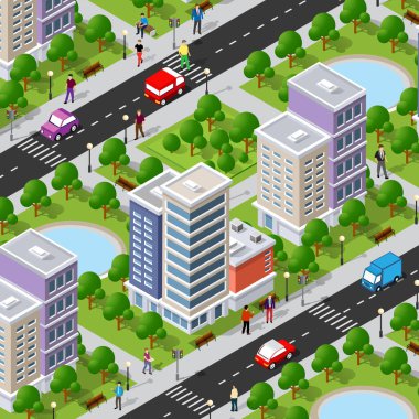 Isometric 3d caddesi şehir merkezinin mimari bölgesi. Şehrin bir kısmı açık yol binalarıyla dolu..