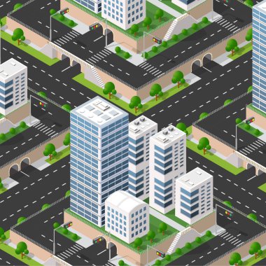 Şehir bloğunun evleri ve caddeleri olan üç boyutlu kentsel izometrik çizimi. Tasarım ve oyun endüstrisi için resim.