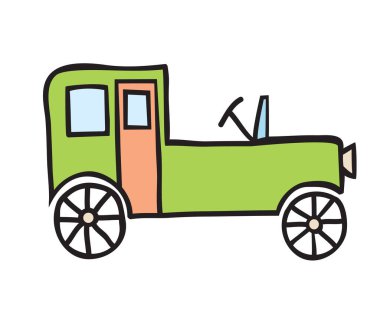 Vektör oyuncağı çizgi filmi, beyaz bir arkaplan üzerinde çocuksu simge sembolü ile araba resimlerinin nesne öğesi retro eskizini çizer