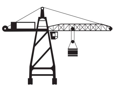 Vektör kulesi vinç silueti Endüstri Şehri simge sembolünün gerideki nesnesi beyaz zemin üzerinde izole edilmiş siyah nesne