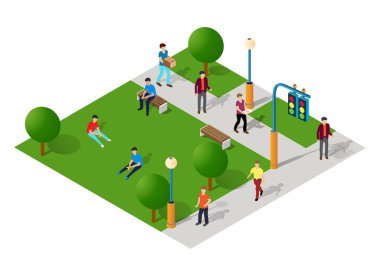 Ağaçlı şehir parkı ve gezgin insanlar.