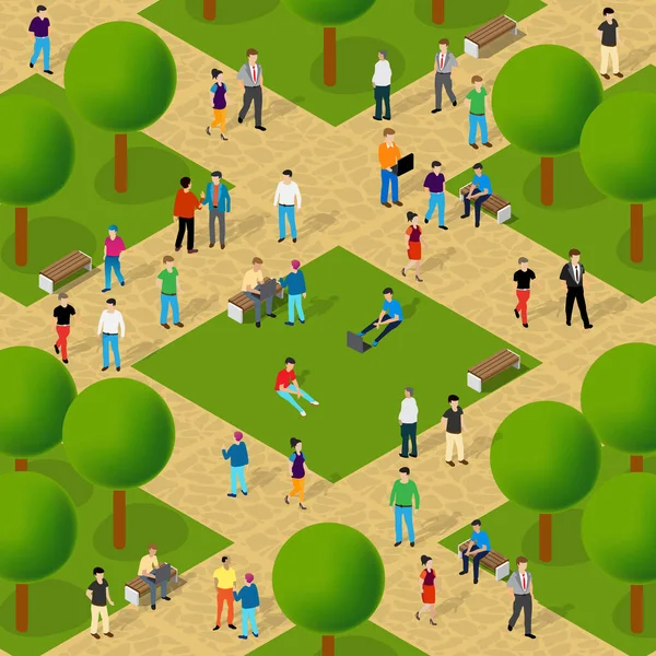 Stadspark med träd och människor som vandrar semester — Stock vektor