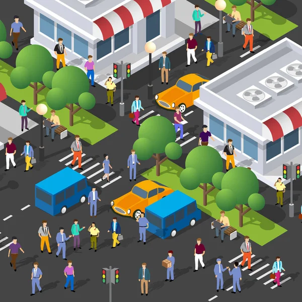 Ізометричні вуличні люди перехрестя 3D ілюстрація міста — стоковий вектор