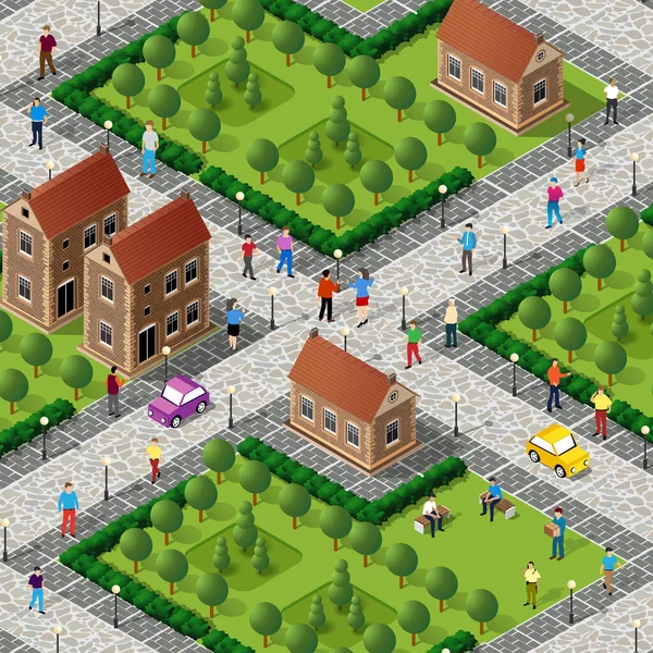 Isometric street people crossroads Illustration 3D d'une ville — Image vectorielle