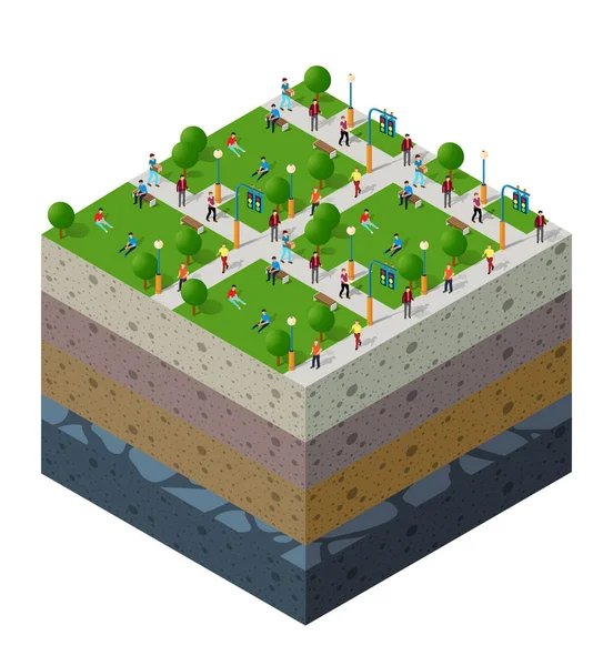 Parco urbano con persone paesaggio urbano Strati di suolo geologico e sotterraneo — Vettoriale Stock