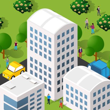 Isometric sokak insanları bir şehrin 3 boyutlu illüstrasyonları