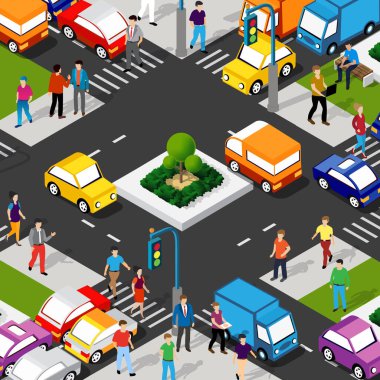 Isometric Caddesi kavşağı Şehrin 3D illüstrasyonu