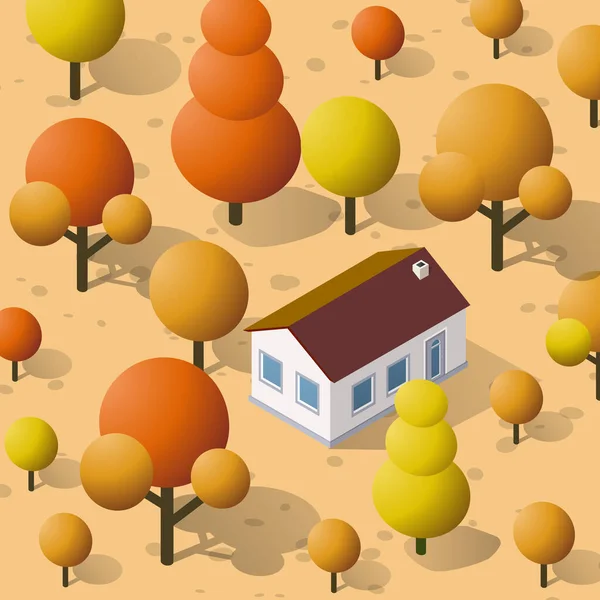Ισομετρική φθινοπωρινή πόλη με σπίτια και δρόμους με δέντρα — Διανυσματικό Αρχείο