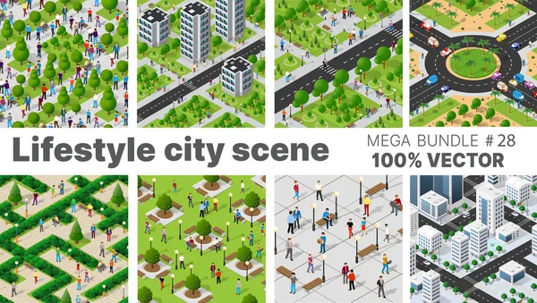 La scène lifestyle citys met en scène des illustrations sur des thèmes urbains — Image vectorielle