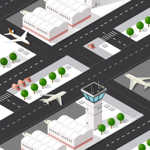 Isométrica pista de aterrizaje 3D del aeropuerto internacional de la ciudad — Vector de stock
