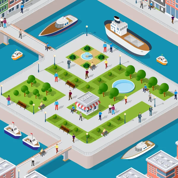 Isometric vector illustration of a modern city with people — Vetor de Stock