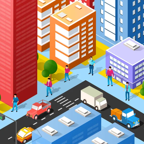 Lifestyle scene urban Isometric 3D illustration of a city block — Stock Vector
