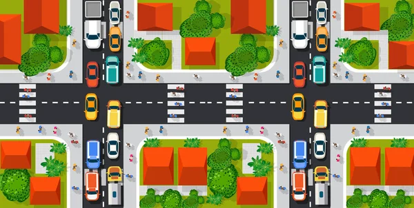 高速道路と道路のトップビュー多くの異なる車両. — ストックベクタ