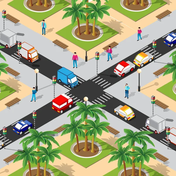 Isométrico Cruce de calles Ilustración 3D de la ciudad — Vector de stock